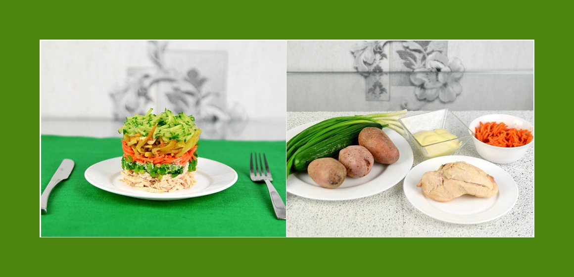 Sanftiger Hänchensalat mit Möhren, Gurken Kartoffeln