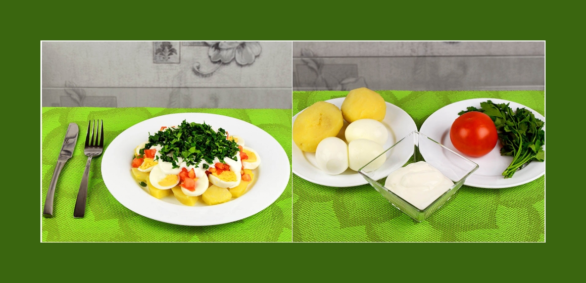 Herzhafter Kartoffel-Eier Salat mit Tomaten und Petersilien