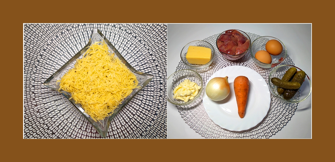 Herzhafter Salat mit Hühnerleber, Gurken, Eiern, Käse, Zwiebel