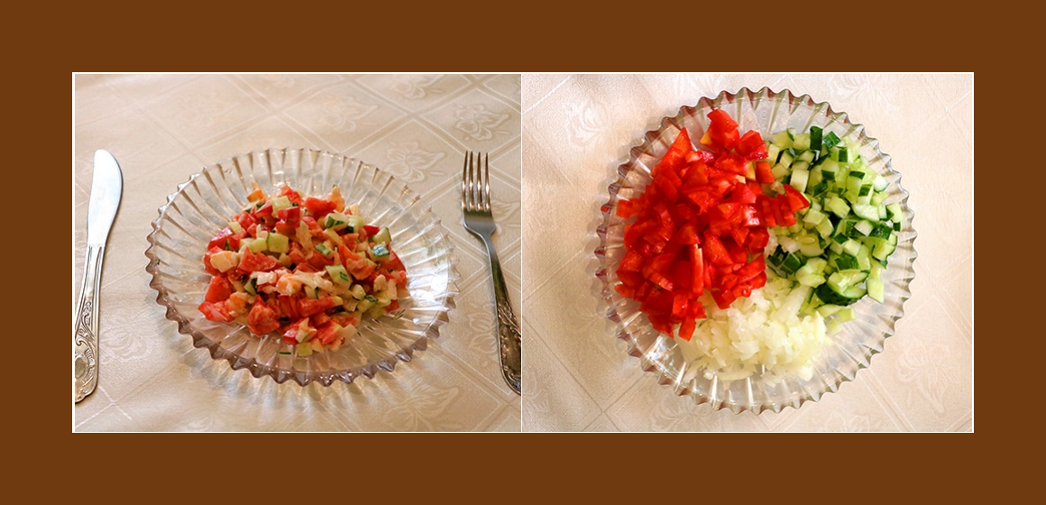 Gurken-Tomatensalat mit Garnelen und Zwiebeln