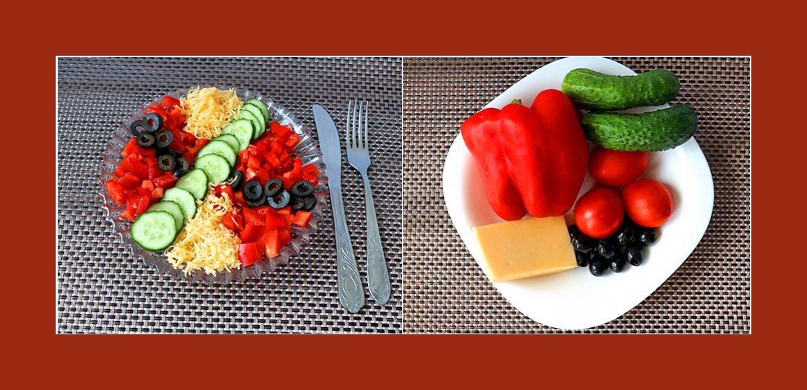 Tomaten-Gurken-Paprika-Salat mit Käse und Oliven