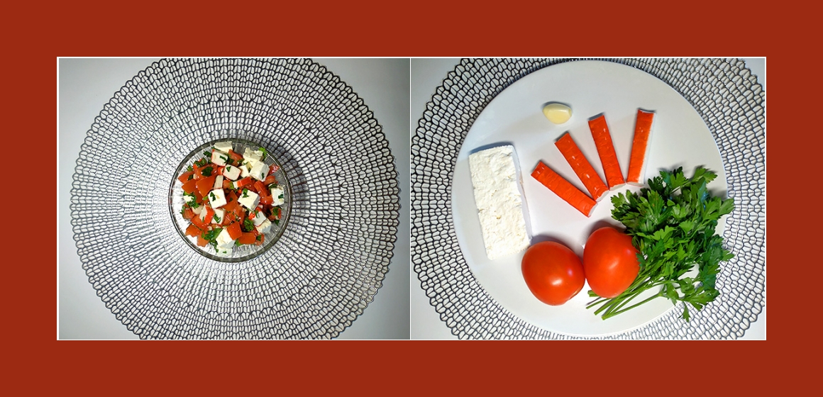 Sanfter Salat mit Krabbenstangen, Tomaten, Knoblauch, Petersilien und Feta