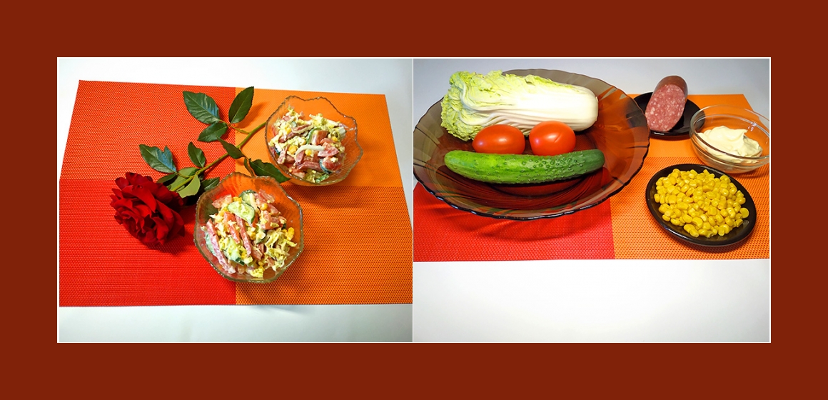 Pikanter Tomaten-Gurken-Salat mit Chinakohl, Mais und Wurst
