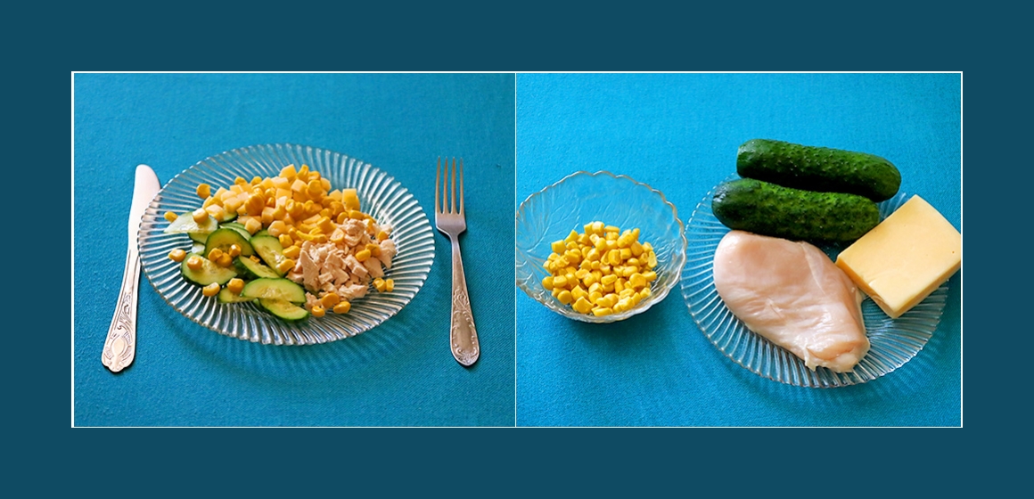 Gemischter Hähnchen-Käse-Salat mit Mais und Gurken