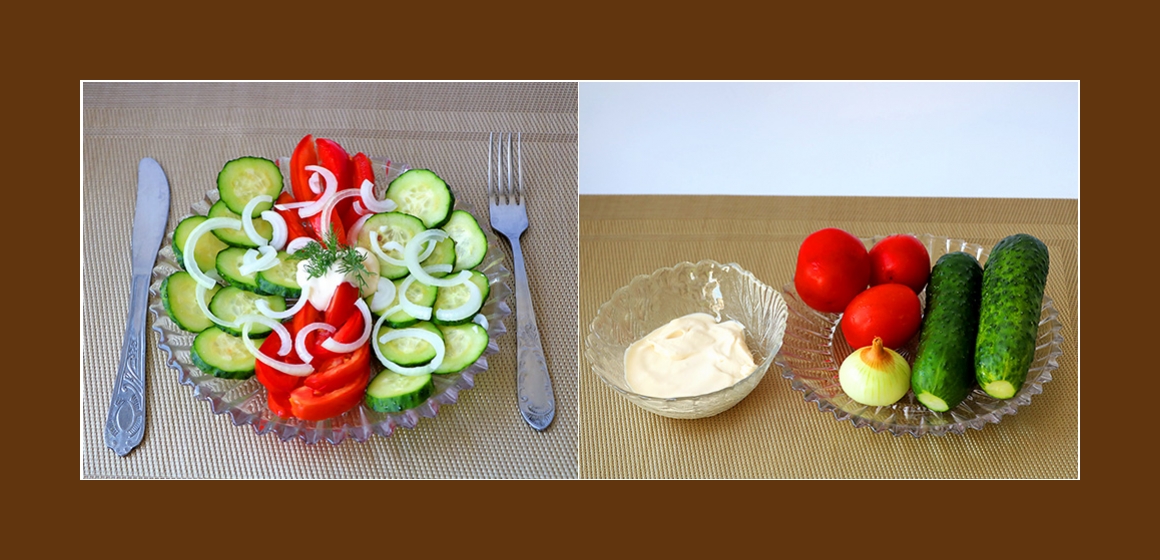 Frischer Tomaten-Gurken-Salat mit Zwiebeln und Sahne