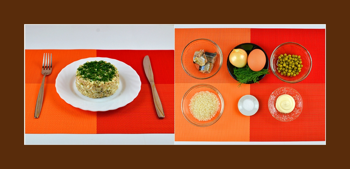 Schmackhafter Schichtsalat mit Sardinen, Reis, Erbsen, Eiern, Zwiebeln und Dill