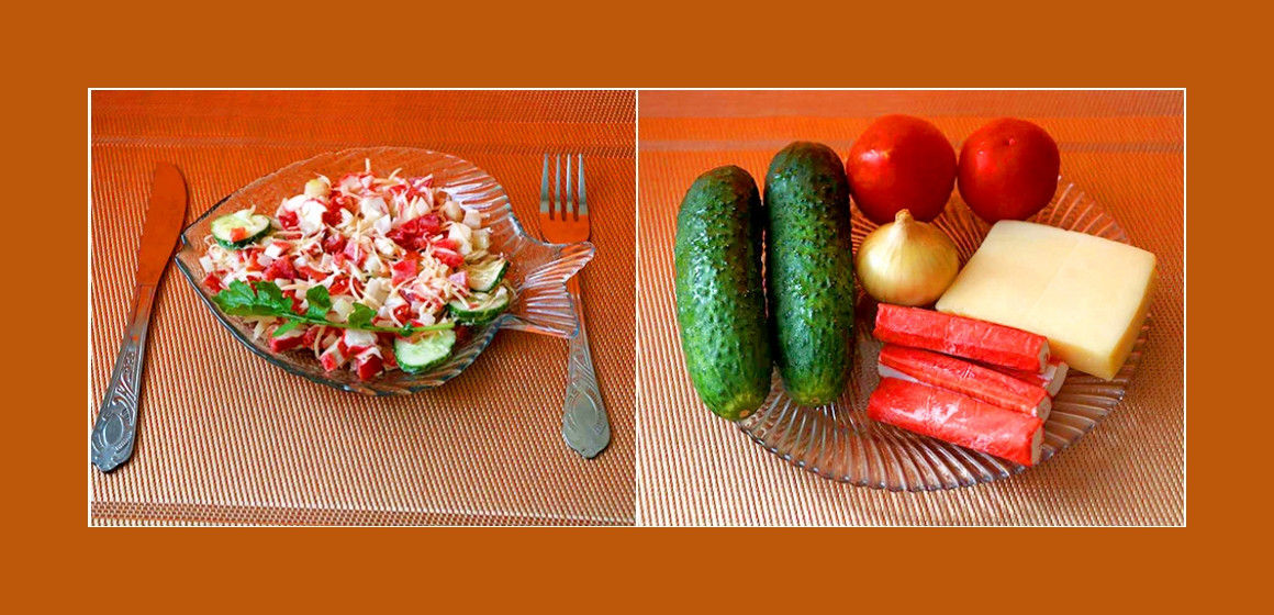 Leichter Tomaten-Gurken-Salat mit Zwiebel Käse und Krabbenstangen