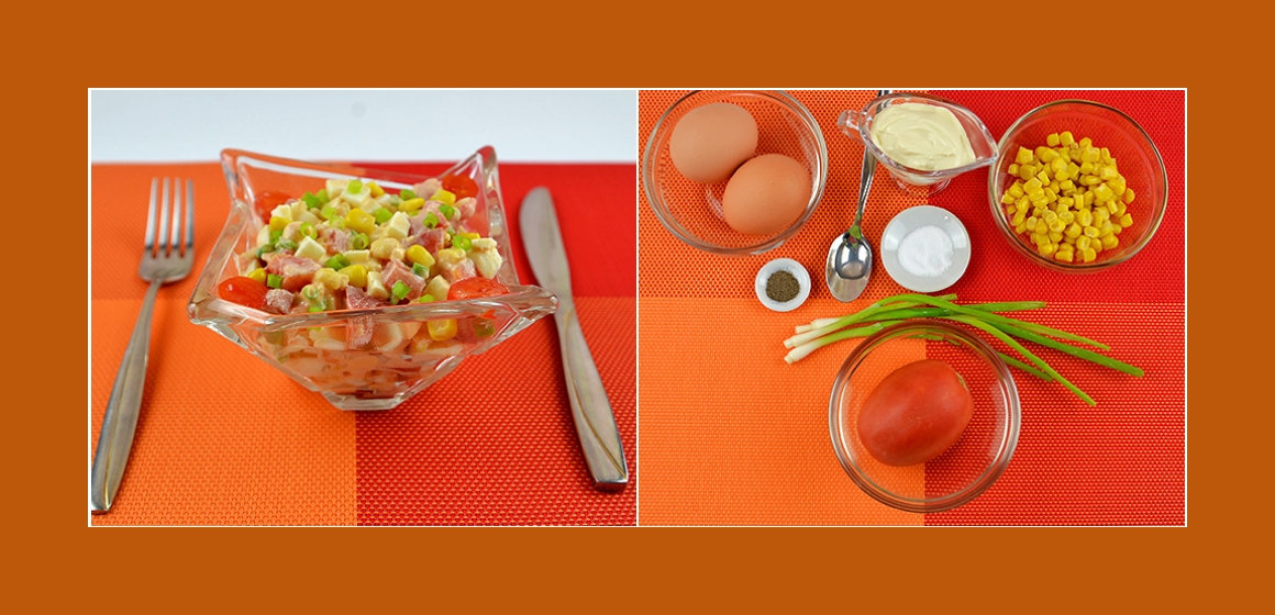 Einfacher Salat mit Eiern Mais Tomaten und Schnittlauch