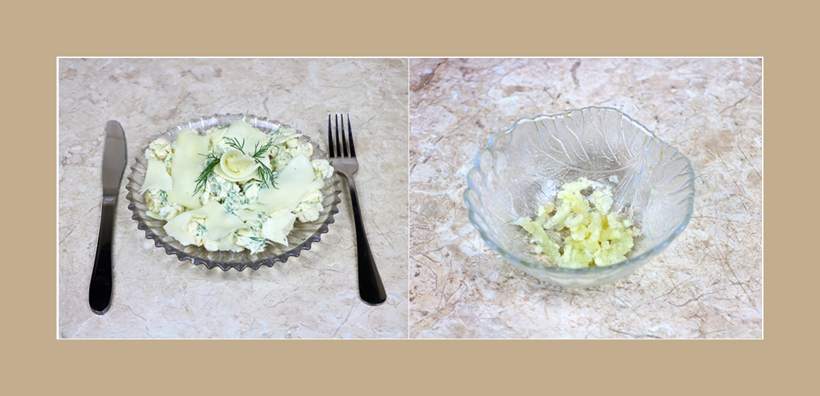 Köstlicher Salat mit Blumenkohl, Käse und Knoblauch