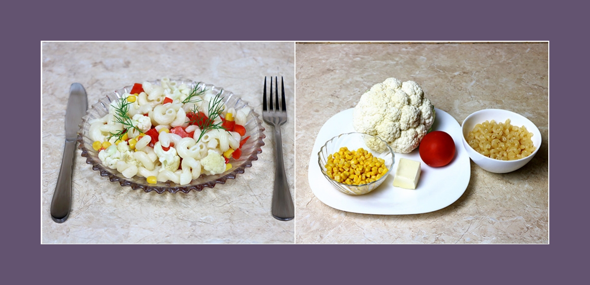 Köstlicher Nudelsalat mit Blumenkohl Mais and Tomaten