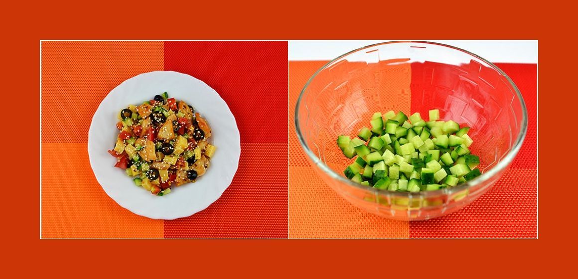 Schmackhafter Gemüsesalat mit Hühnerbrust, Käse, Oliven und Sesam-Senf-Dressing