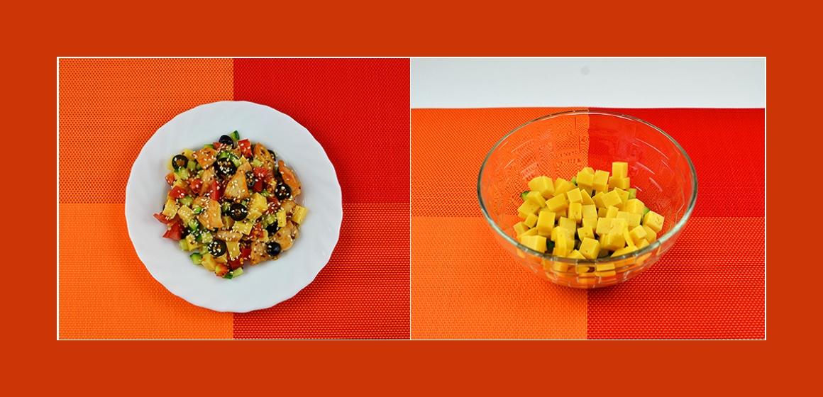 Schmackhafter Gemüsesalat mit Hühnerbrust, Käse, Oliven und Sesam-Senf-Dressing