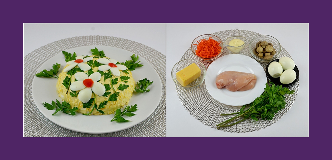 Gemischter Käse-Tomaten-Salat mit Hähnchen Eiern Möhren und Petersilien
