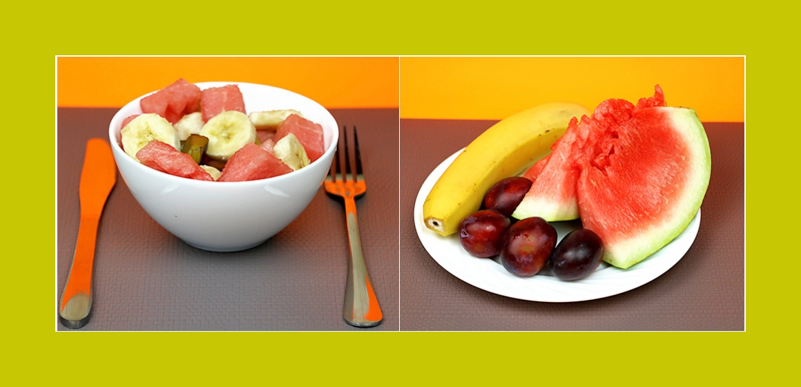 Köstlicher Obstsalat mit Bananen, Wassermelone und Pflaumen