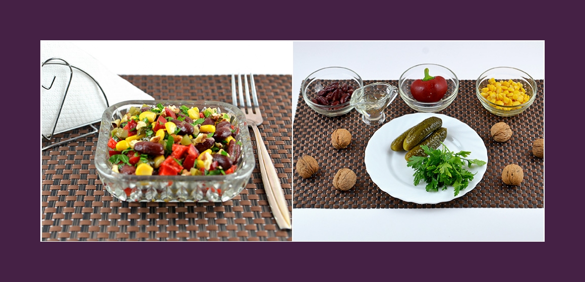 Nahrhafter Salat mit Mais Paprika Gurken Bohnen und Petersilien