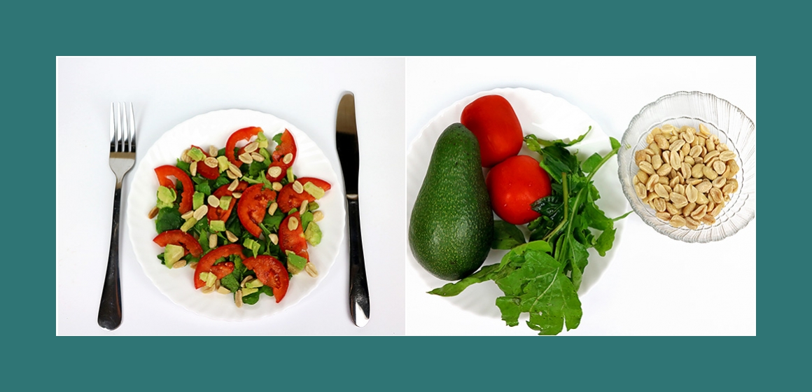 Leichter Salat mit Tomaten Avocados Rucola und Nüssen