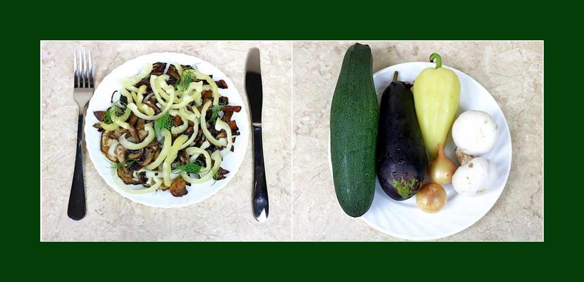 Herzhafter Salat mit Zucchini Auberginen Zwiebeln Paprika und Champignons