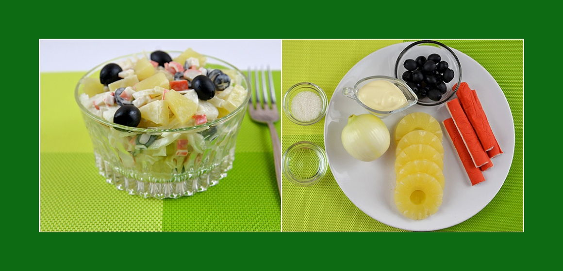 Nahrhafter Salat mit Ananas Krabbenstangen Oliven und Zwiebeln