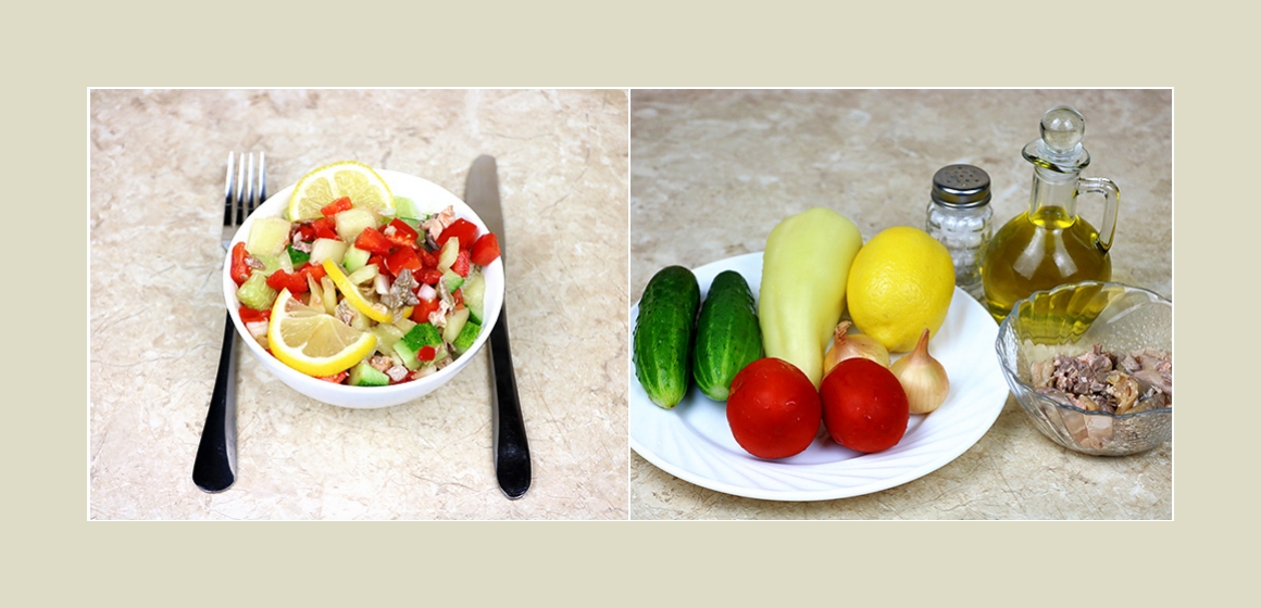 Nahrhafter Gemüsesalat mit Leber, Gurken,Tomaten, Zucchini und Zitrone