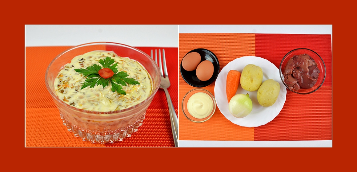 Herzhafter Schichtsalat mit Kartoffeln Karotten Zwiebeln Eiern und Leber