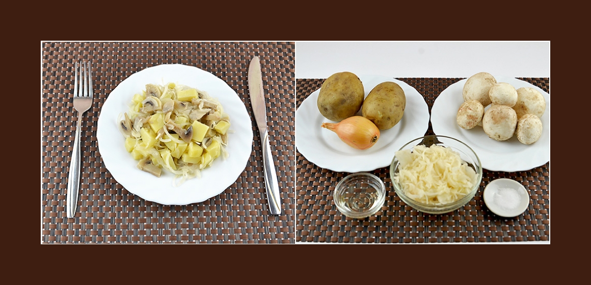 Nahrhafter Salat mit Kartoffeln Zwiebeln Champignons und Sauerkraut