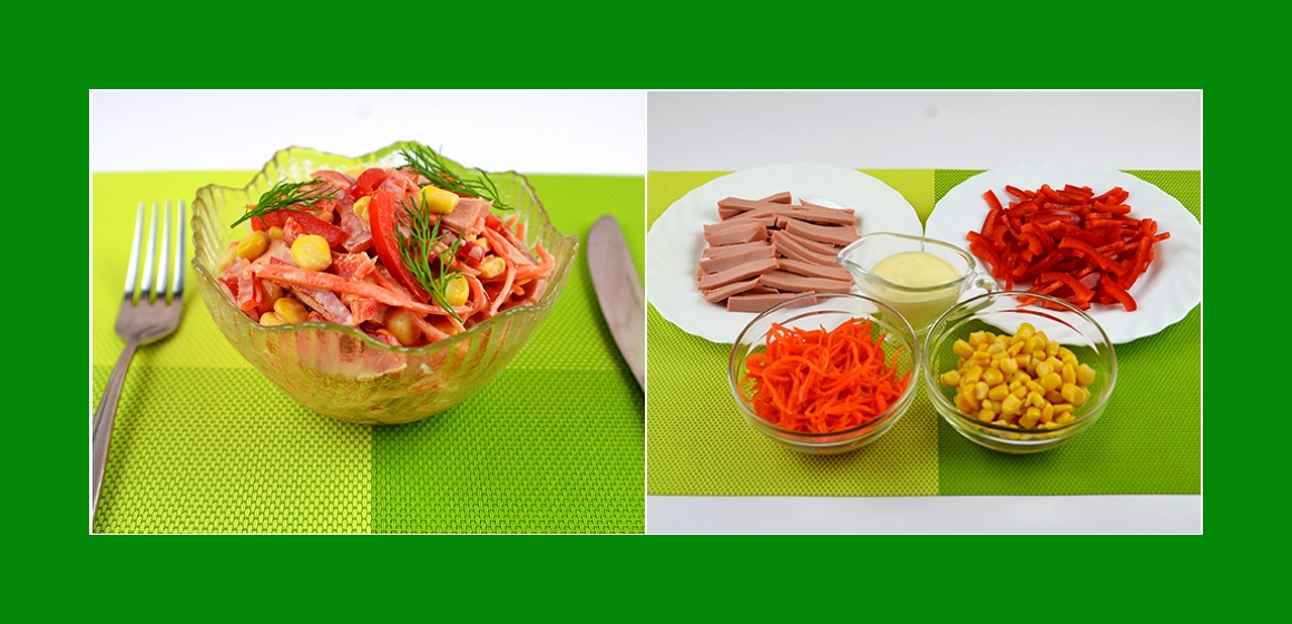 Herzhafter Salat mit Wurst Karotten Paprika und Mais