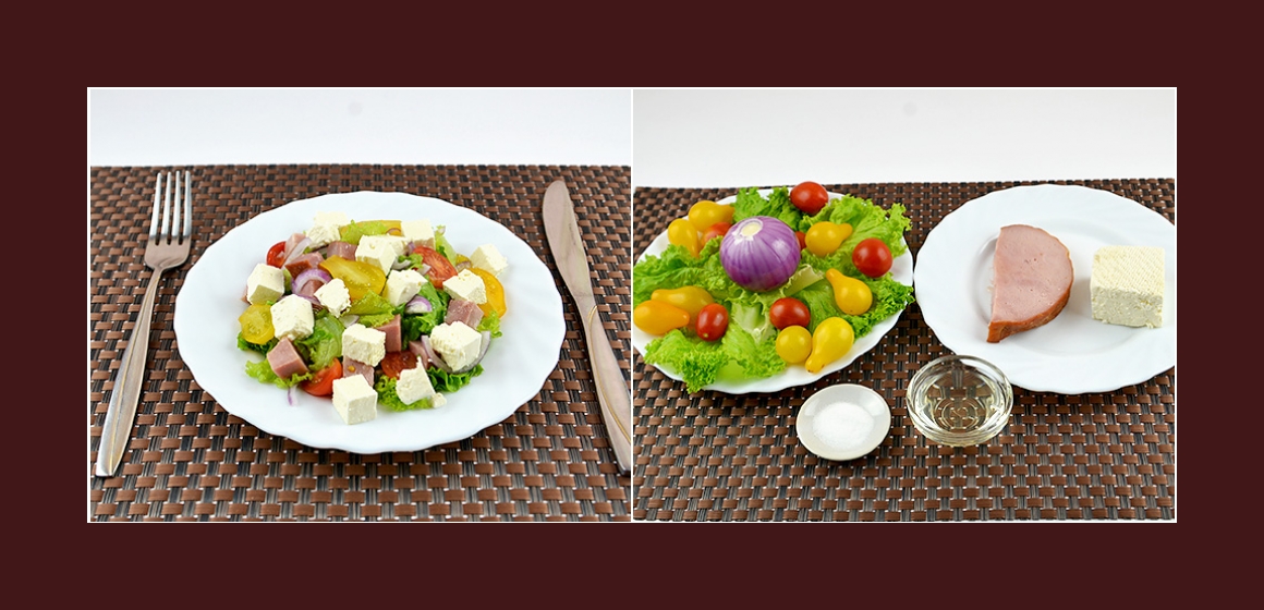 Einfacher Salat mit Tomaten Wurst Zwiebeln Salat und Feta
