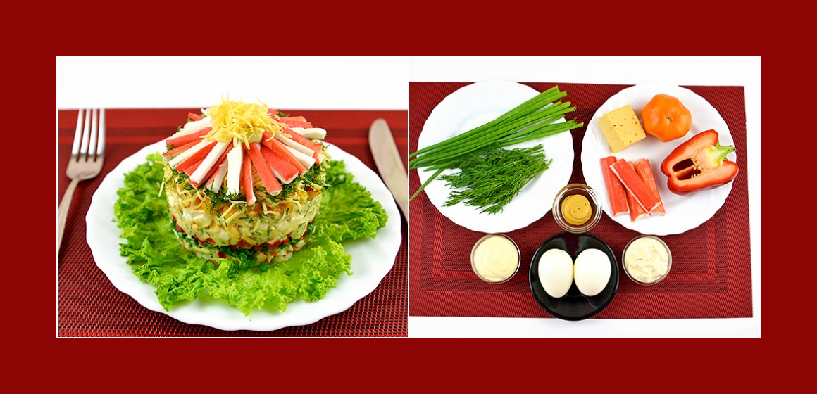 Nahrhafter Salat mit Tomaten Paprika Käse Krabbenstangen Eiern Dill und Schnittlauch