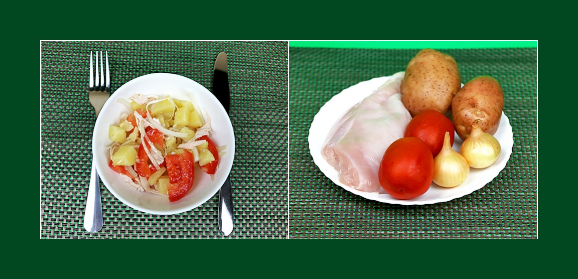 Nahrhafter Kartoffelsalat mit Hühnerbrust, Tomaten und Zwiebeln