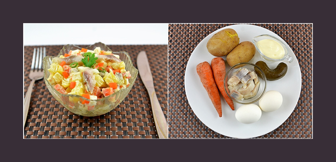 Köstlicher Salat mit Hering Kartoffeln Karotten Eiern und Gurken