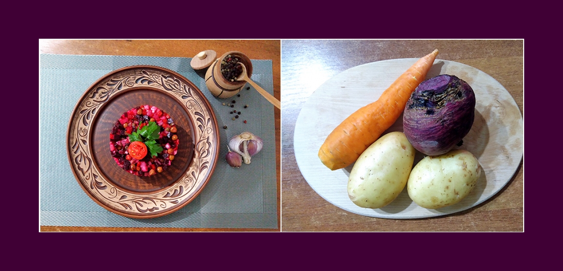 Bekömmlicher Gemüsesalat mit Kartoffeln, Rübe, grünen Erbsen, Möhre und Zwiebel