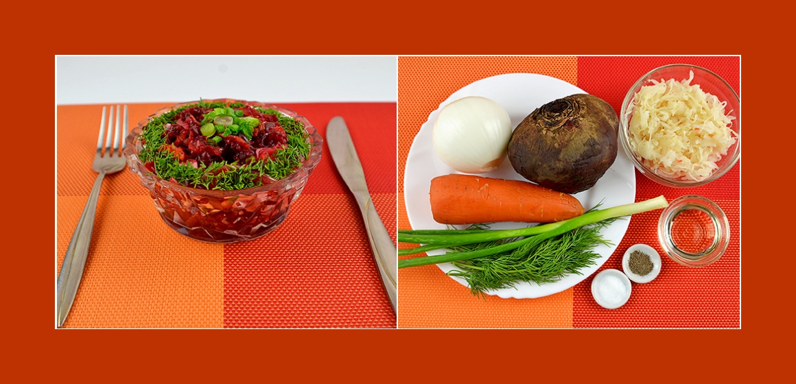 Pikanter Gemüsesalat mit Rübe, Möhre, Sauerkraut und Zwiebel