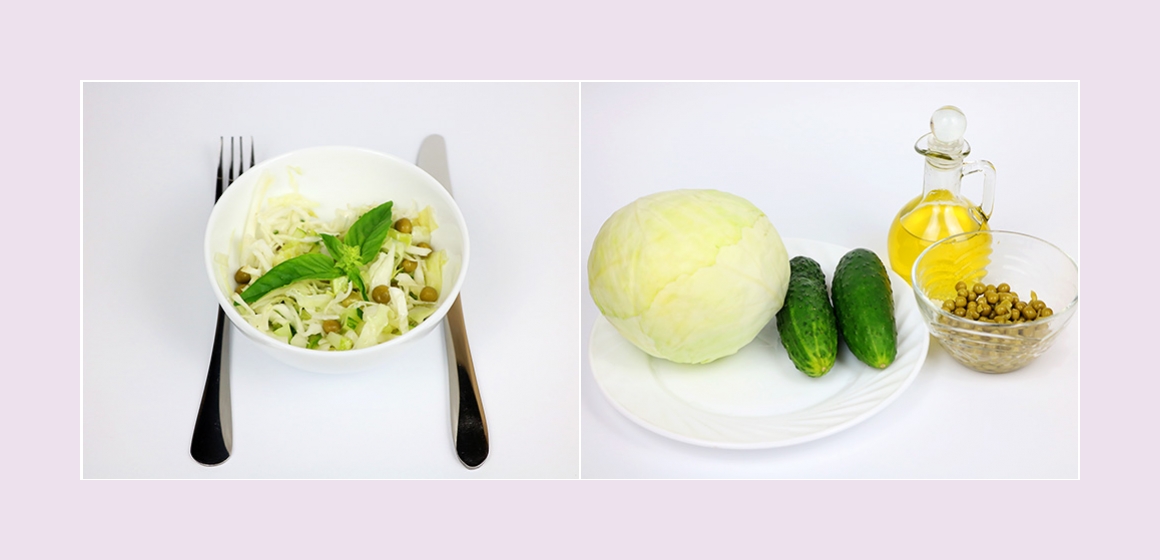 Einfacher Salat mit Kohl Gurken und Erbsen