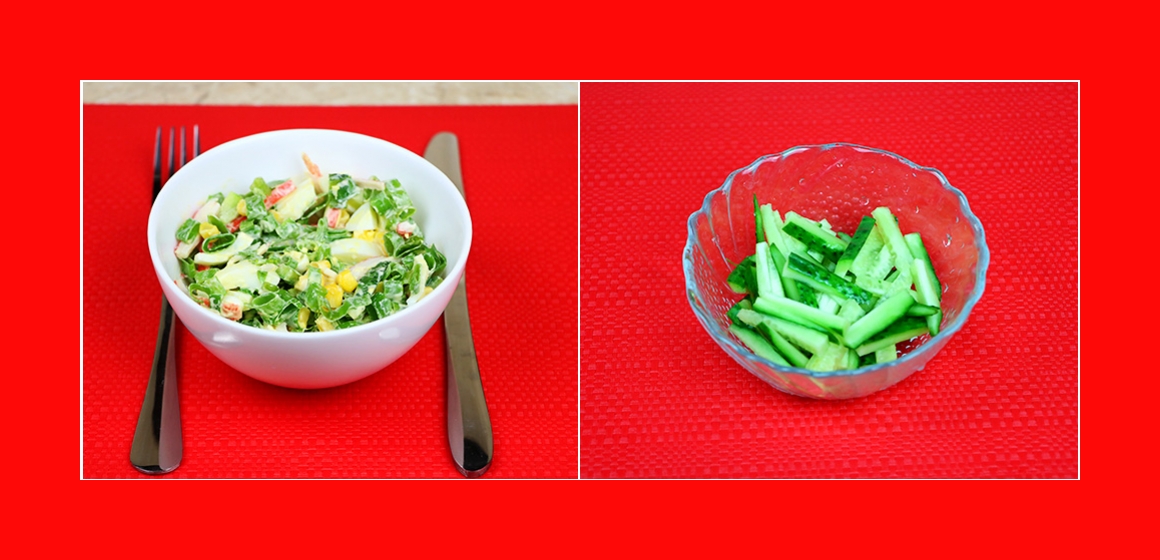 Bunter Salat mit Krabbenstangen, Mais, Gurken, Eiern und Schnittlauch